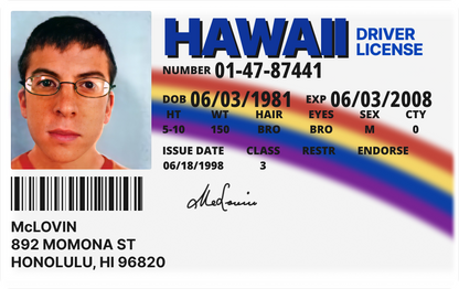 MCLOVIN DRIVER LICENSE